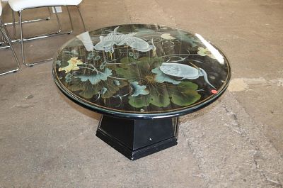 30" diameter Asian decorated glass top table. 30" diameter Asian decorator custom glass top