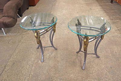 PR glass top swan head decorated lamp tables. Pair of glass top metal swan head decorated base