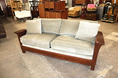 Stickley mission oak sofa in original finish, upholstery has wear, needs cleaning approx. 83" w