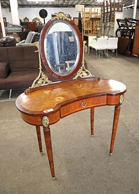Antique French inlaid walnut dressing vanity with bronze mounted mirror, top needs to be