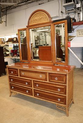 Henry Link wicker dresser with mirror. Nice Henry Link 7 drawer wicker and walnut dresser with