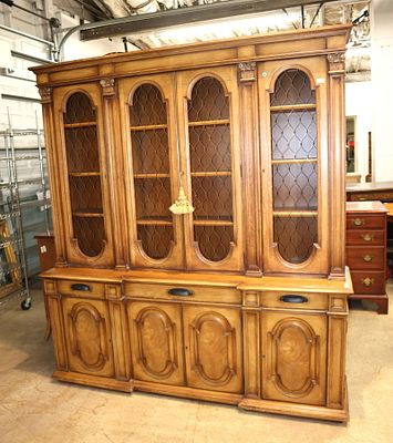Karges 2pc walnut breakfront. Karges 2pc walnut 8 door 3 drawer breakfront with wire front doors