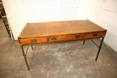 Vintage MCM Bernhardt oak metal leg desk. Vintage mid century modern Bernhardt oak 3 drawer desk