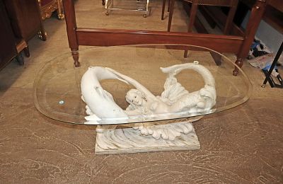 Composition mermaid & dolphin GT coffee table. Composition mermaid and dolphin glass top coffee