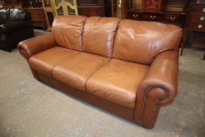 Rust brown leather 3 cushion sofa approx. 84" w x 40" d x 34" h