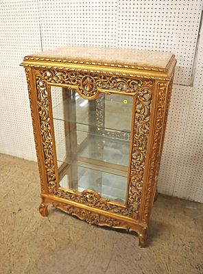 French Vitrine, pierce carved marble top with key. French style pierced carved marble top 