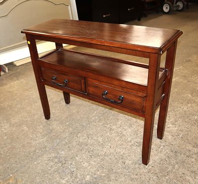 Solid mahogany 2 drawer console table approx. 36" w x 13" d x 30" h