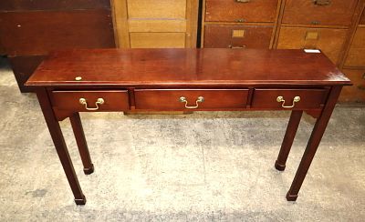 Solid mahogany 3 drawer console table approx. 48" w x 12" d x 30" h
