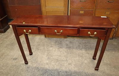Solid mahogany 3 drawer console table approx. 48" w x 12" d x 30" h