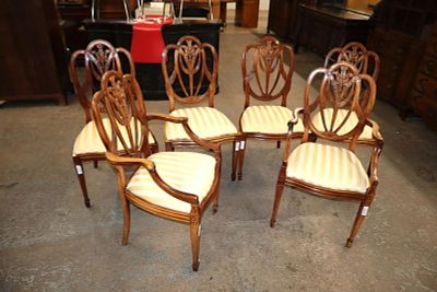 Set of 6 mahogany frame shield back chairs with spade feet, has sun fading on back of chairs 
