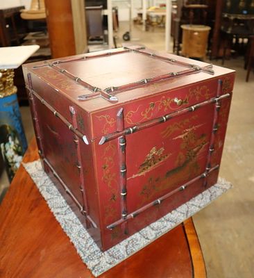 Asian paint decorated lift top storage box with faux bamboo decoration approx. 15" w x 15" d x 13" h