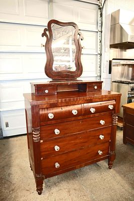 Antique empire mahogany chest with mirror. Antique Empire mahogany 2 over 3 chest with 2 drawer 
