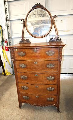 Antique solid oak top high chest w/mirror. Antique solid oak top 5 drawer high chest with harped 