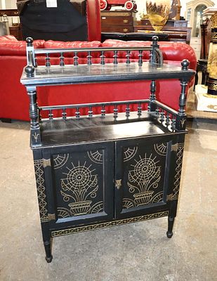 Antique ebonized etched cabinet w/gallery. Antique ebonized 2 door etched cabinet with gallery 