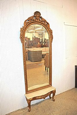 Semi antique 2pc marble base carved hall mirror. Semi antique carved and fancy marble top base 