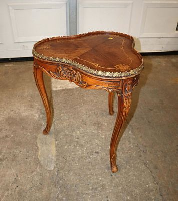 Semi antique carved walnut inlaid lamp table approx. 17" diameter x 20" h