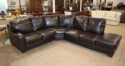 3 section leather style sofa chaise in good condition approx. 96" w x 115" d x 40" h