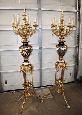 Exquisite Pair Sevres style candelabra floor lamps. Exquisite pair of Sevres style 9 burner