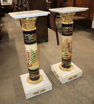 PAIR French style marble, bronze & porcelain Pedestals. Great pair of marble, bronze and
