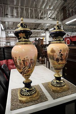 PAIR Sevres style bronze porcelain Napoleon scene urns. Nice pair of Sevres style bronze and