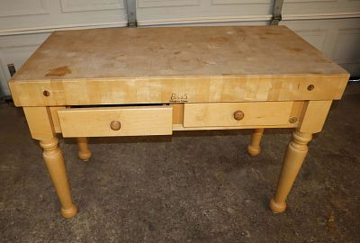 Boos butcher block top 2 drawer kitchen island, maple base and multiple wood top, made in