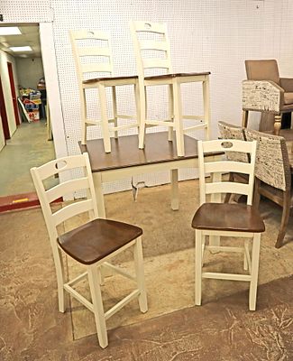 5pc Ashley natural finish pub set. 5pc Ashley natural finish top pub table with 4 stools, chairs