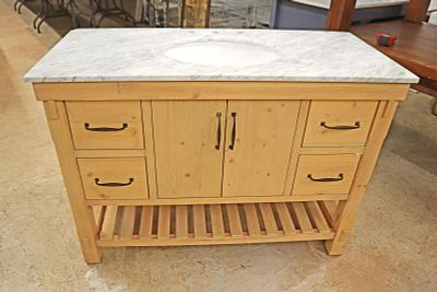 New ARI 48" marble top bathroom vanity in the rustic pine with easy close door and drawers