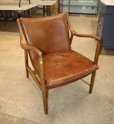 Quality MCM style walnut leather lounge chair. Quality mid century modern style walnut frame