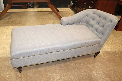 Like new grey tweed button tuft chaise lounge approx. 56" w x 24" d x 30" h