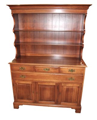 Henkel Harris solid cherry 2 piece open front hutch, 4 drawers, 3 doors, original finish 