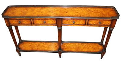 Theodore Alexander burl walnut 6 leg console table. Theodore Alexander burl walnut 4 door 6 leg 