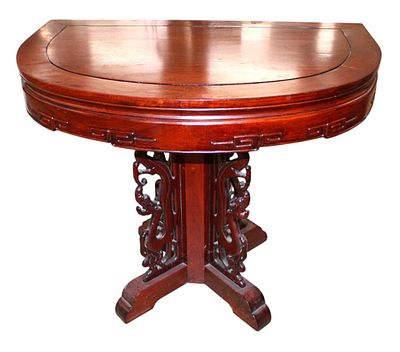 Chinese Chippendale Asian demilune console table. Nice Chinese Chippendale solid Asian rosewood 