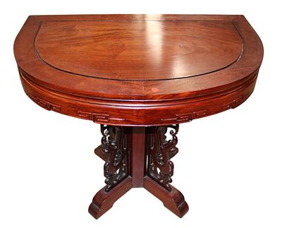 Chinese Chippendale Asian demilune console table. Nice Chinese Chippendale solid Asian rosewood 