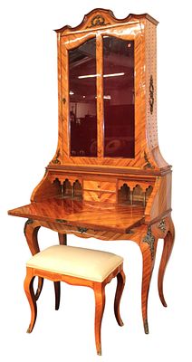 French style satinwood inlaid secretary and bench. French style 2 piece satinwood inlaid 1 