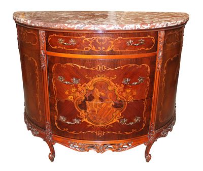 Semi antique French marble top demilune chest. Semi antique French marble top 3 drawer demilune 