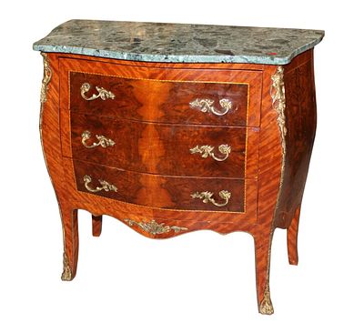 French style marble top burl walnut and bronze chest. French style marble top 3 drawer chest 