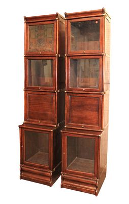 RARE pair of antique style half size 4 stack Barrister style bookcases, quartered oak with 