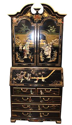 Ornate chinoiserie secretary with fitted interior and bookcase top. Ornate chinoiserie 2 piece 