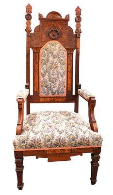 Antique Victorian high back burl walnut throne chair. Antique Victorian high back throne chair 