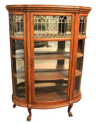 Antique oak lead glass paw foot china cabinet, structurally sound and in good condition for 