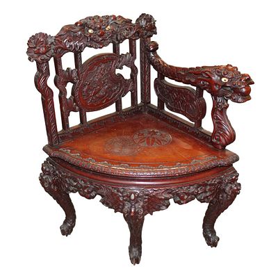 Antique highly carved Chinese dragon corner chair in the solid Asian mahogany original finish 