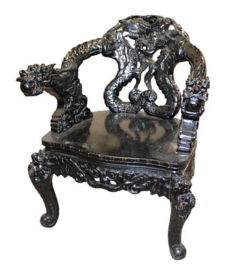 Semi antique Chinese dragon head arm chair in black lacquer finish, original finish 