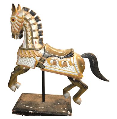 Antique Chinese carousel style horse on stand with original paint, some paint loss 