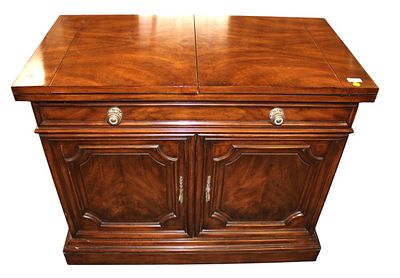 Karges burl walnut flip top server, 1 drawer, 2 door, structurally sound and in good condition