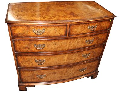Quality Lloyd Buxton bow front burl walnut chest. Quality Lloyd Buxton 5 drawer bow front burl