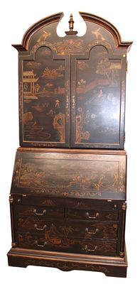 Maitland Smith style fitted secretary sold Oskar Huber. Impressive chinoiserie decorated 2 piece