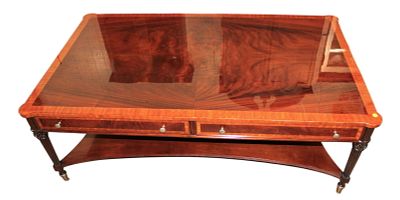 Beautiful Niagara Furniture burl mahogany and banded large 4 drawer coffee table. Beautiful like
