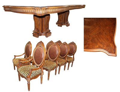 Impressive Collezione Europa 9 piece dining set, large fancy carved double pedestal burl walnut