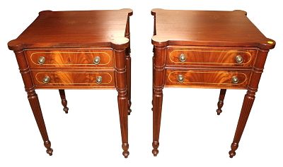 Pair vtg mahogany fluted leg 2 drawer nightstands. Pair of Vintage mahogany fluted leg 2 drawer