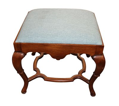 Vintage Spanish QA Upholstered Foot Stool. Vintage solid mahogany spanish queen anne upholstered